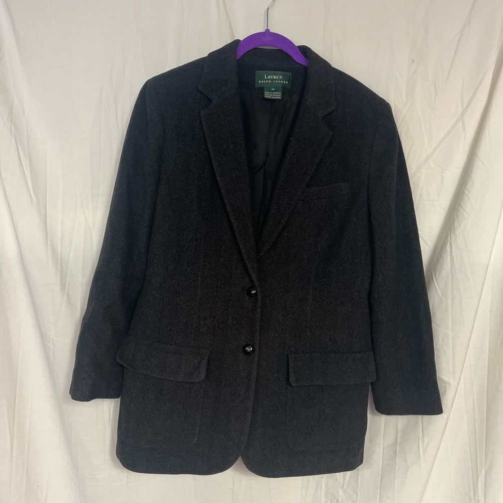 Lauren Ralph Lauren Blazer Wool Cashmere Blend Women's Size 12 Herringbone Gray